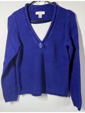 VTG Christopher & Banks Blue V-Neck Knit Sweater Small Classic Chic Preppy Casua